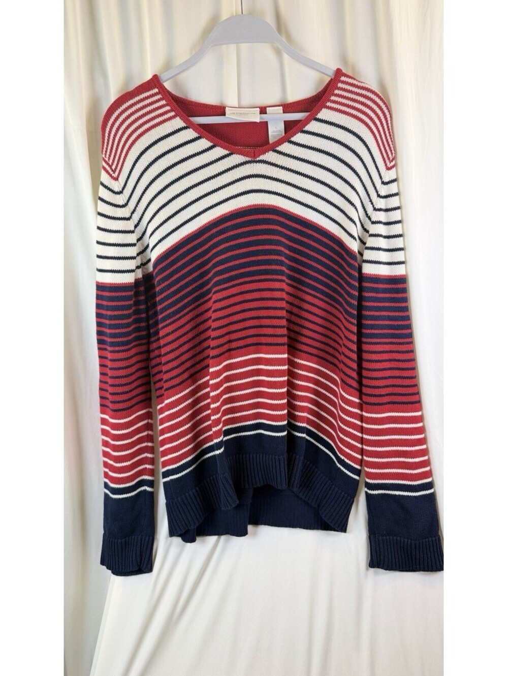 Liz Claiborne Lizsport Women’s L Red White Blue Striped V-Neck Sweater Roomy